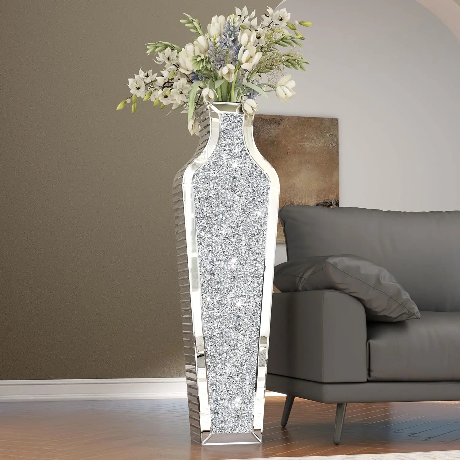 SHYFOY Irregular Tall Crushed Diamond Glass Floor Vase, 2000ml Large Silver Mirror Home Decor Accessory, Luxury DIY Flower Vase for Dried Flower Arrangements, Wipe-Clean Decorating Centerpiece for Living Room