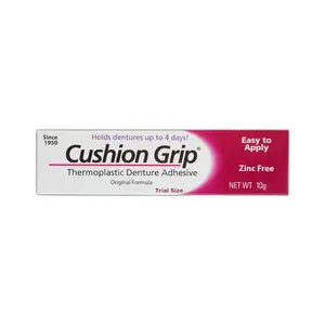 Cushion Grip Thermoplastic Denture Adhesive, 0.35 oz (Travel Size) | Refits and Tightens Loose Dentures for Up to 4 Days | Non-Glue, Zinc-Free, Waterproof Formula, Acts Like a Soft Reliner