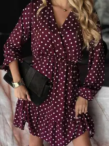Polka Dot Dress French Sweet V Neck Long Sleeve Midi Tight Waist Women's Clothing, Stylish and Comfortable Design for Daily Wear