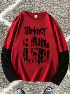 Slipknot Geometric Pattern Graphic Loose Fit Long Sleeve Round Neck T-Shirt, Fashion Street Casual Style, Comfortable Trendy Top Gift, Streetwear