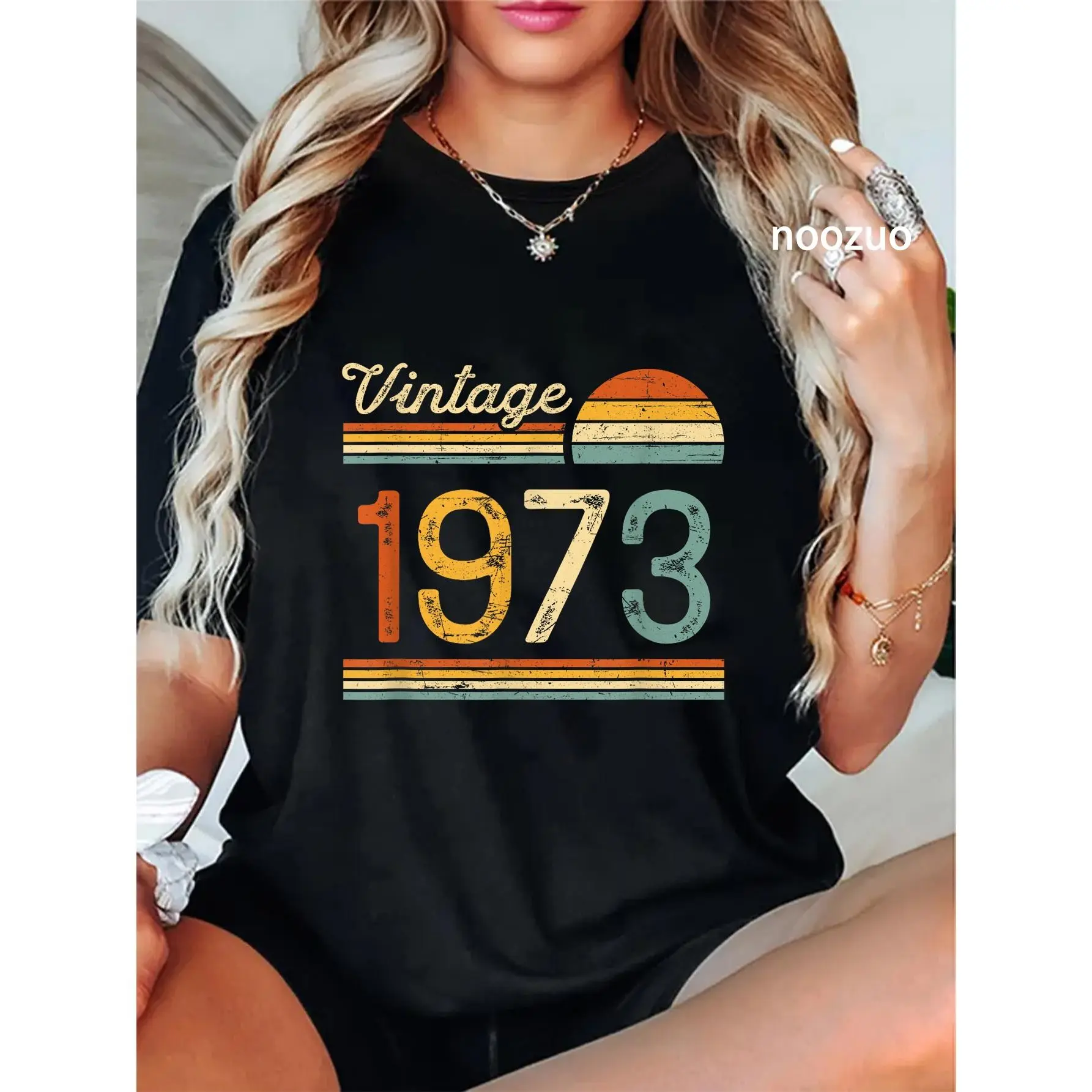 Vintage 1973 Graphic Tshirt for Women, Cotton Crew Neck Top with a Distressed Look for Casual Everyday Streetwear, Round Neck, Short Sleeves, Holiday, Large, Playful
