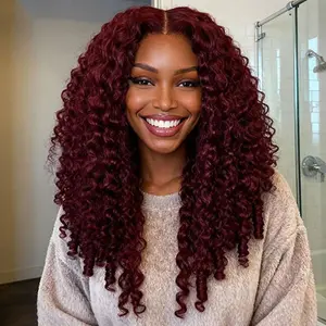 Vshow 99J Burgundy Color Burmese Curly Hair 10x6 Pre Cut Lace Front Human Hair Wigs With Drawstring 250% Density Glueless Wear Go Wigs