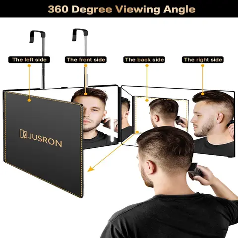 JUSRON Foldable LED Cosmetic Mirror - 360° Full View Glass Mirror, LED/No-Light Modes, Black, Portable Bathroom Gadget, 2 Wall Hooks, Adjustable for Self Grooming, Gift for Him