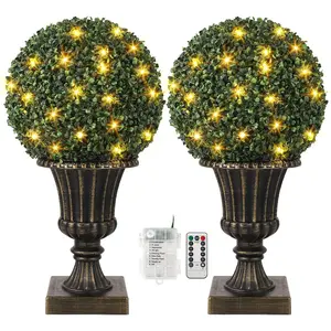 16” Artificial Plant Topiary Ball, Pre-Lit Artificial Topiary Plant with Lights, Timer and Remote Control, Artificial Outdoor Porch Trees with Red Urn Base for Outdoor Indoor，Gold
