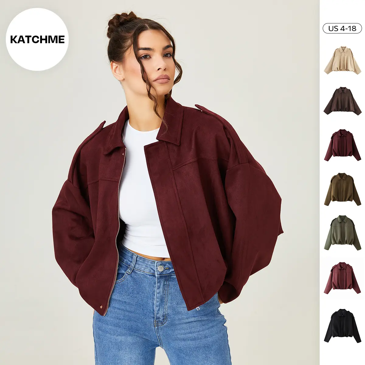 KatchMe Women's Winter Vintage Solid Color Collared Zipper Long Sleeve Jacket, Cozy Versatile Outerwear, Fall & Winter Outfits, Epaulets Plain Cropped Jacket (CN)