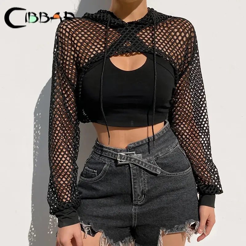 New styleCIBBAR Street Style Fishnet Holes T Shirt See Through Hollow Out Hooded Full Sleeve Casual Loose Shirt Smock Fall