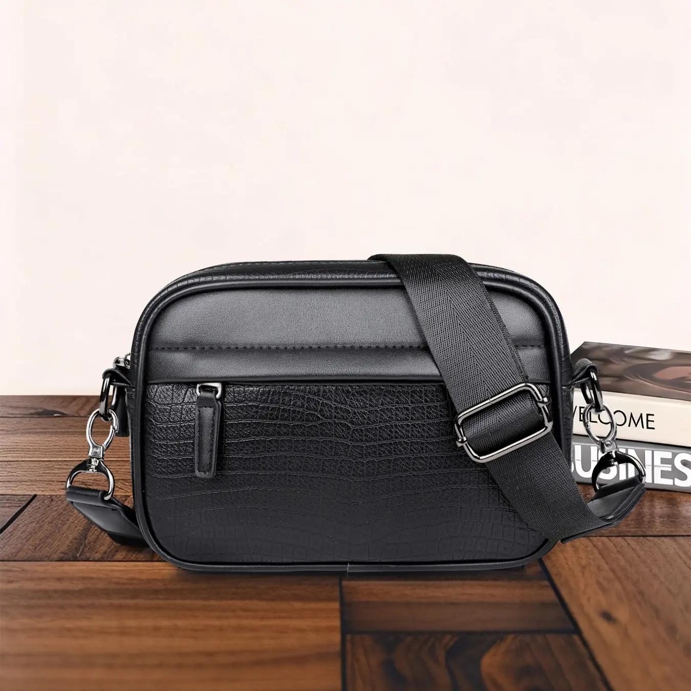 Men's Slouchy PU Leather Shoulder Bag - Chic, Basic, Portable, Lightweight, Minimalist Black Crocodile Pattern, Adjustable Strap, Ideal for Travel, Daily Wear - Stylish Casual Gift for Young Adults