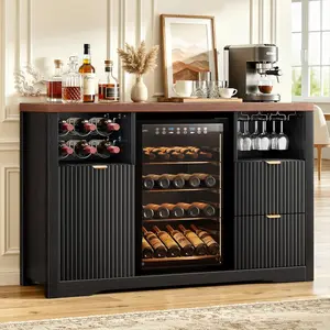 Coffee Bar Cabinet with Fridge Space, 53" L Kitchen Wine Cabinets with Storage Drawer, Wood Buffet Sideboard Table Station, Fluted Liquor Cabinet with Wine Rack for Home, Living Room