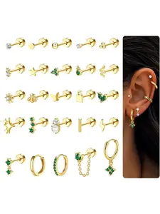 Retro 25 Pcs Golden Brilliant Green Zirconia Flat Back Earrings Chunky Hypoallergenic Surgical Steel Earrings for Women Men Diverse Stud Hoop Earrings Set Tragus Earrings Helix Cartilage Earrings Conch Daith Tragus Piercing Jewelry Set