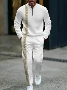 Men's Casual Sportswear Set Fitted Half-Zipper Sweatshirt with Geometric Patterns & Long Pants Trendy Fashionable Versatile