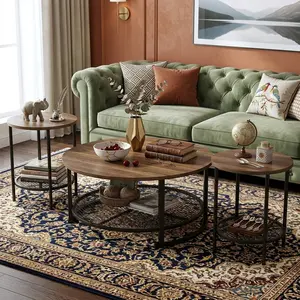 Industrial 3 Pieces Round Coffee Table Sets, 31.6" Living Room Center Table With 2 End Side Tables, Heavy Duty Metal Legs Sofa Side Table Combo, Easy Assembly Space Saving Furniture For Home Office Apartment