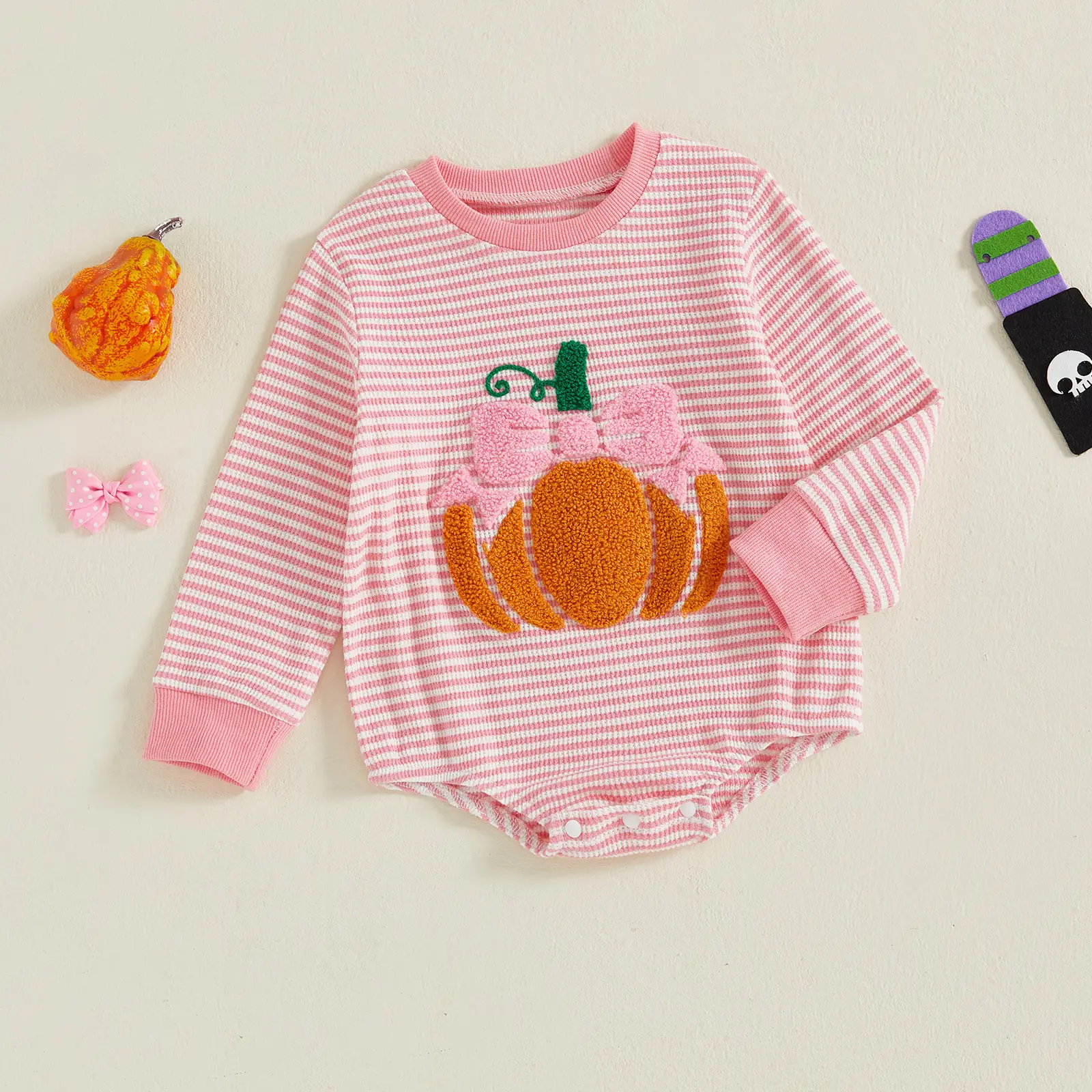 Infant Baby Girl Pumpkin Embroidered Jumpsuit Halloween Long Sleeve Striped Romper 0-18 Months