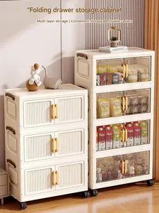 Collapsible Plastic Storage Cabinet with Wheels 1-5 Layers Lidded Stackable Organizer for Closet Bedroom Kitchen Foldable Design Transparent Doors Magnetic Closure