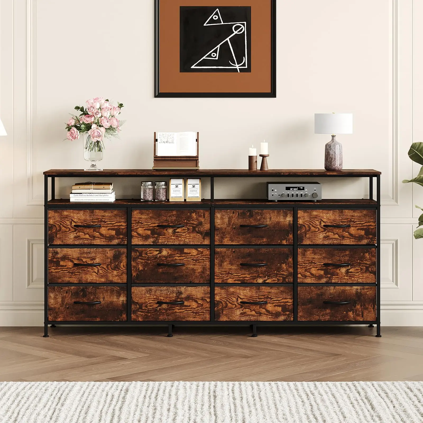 Garvee 63-Inch Fabric Dresser with 12 Drawers & Open Shelves in Rustic Brown, Steel Frame, Anti-Tip Design, Easy Assembly, Modern Storage Solution for Bedroom or Living Room