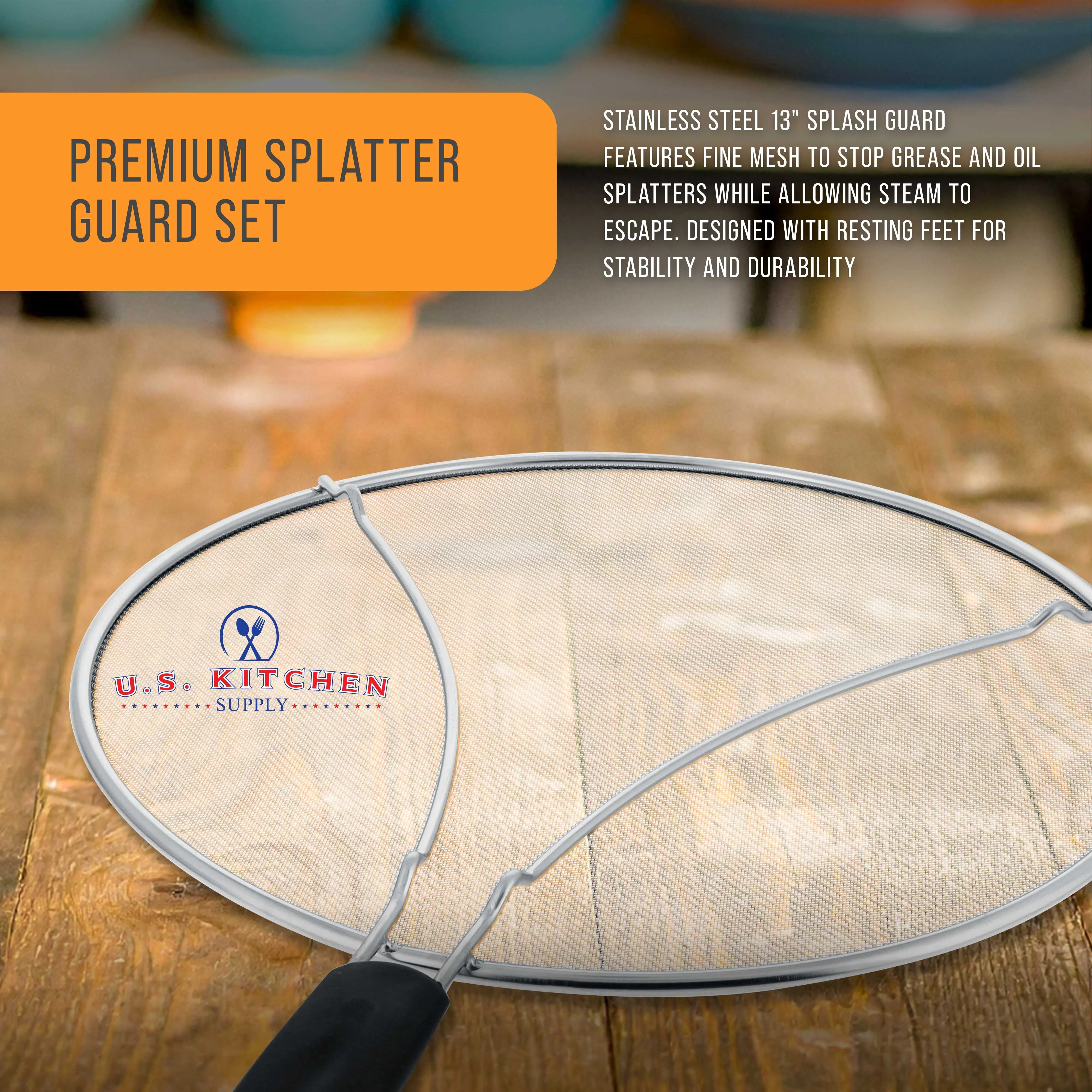 Stainless Steel Splatter Guard 13" Fine Mesh Cover, Grease & Oil, Splatter Screen for Frying Pan, Cooking Pots, with Resting Feet & Comfort Grip Handle