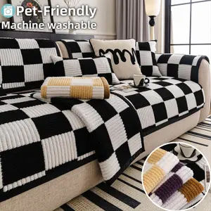 Plush Solid-Color Sofa Covers, Thick Soft Couch Cover, Pet-Friendly Non-Slip & Machine Washable, Anti-Scratch Throw, Fits 1/2/3/4-Seater & L-Shape Sectional, Armrest/Backrest Pieces, Modern Black-White Living Room Decor, Dustproof Sofa Slipcover
