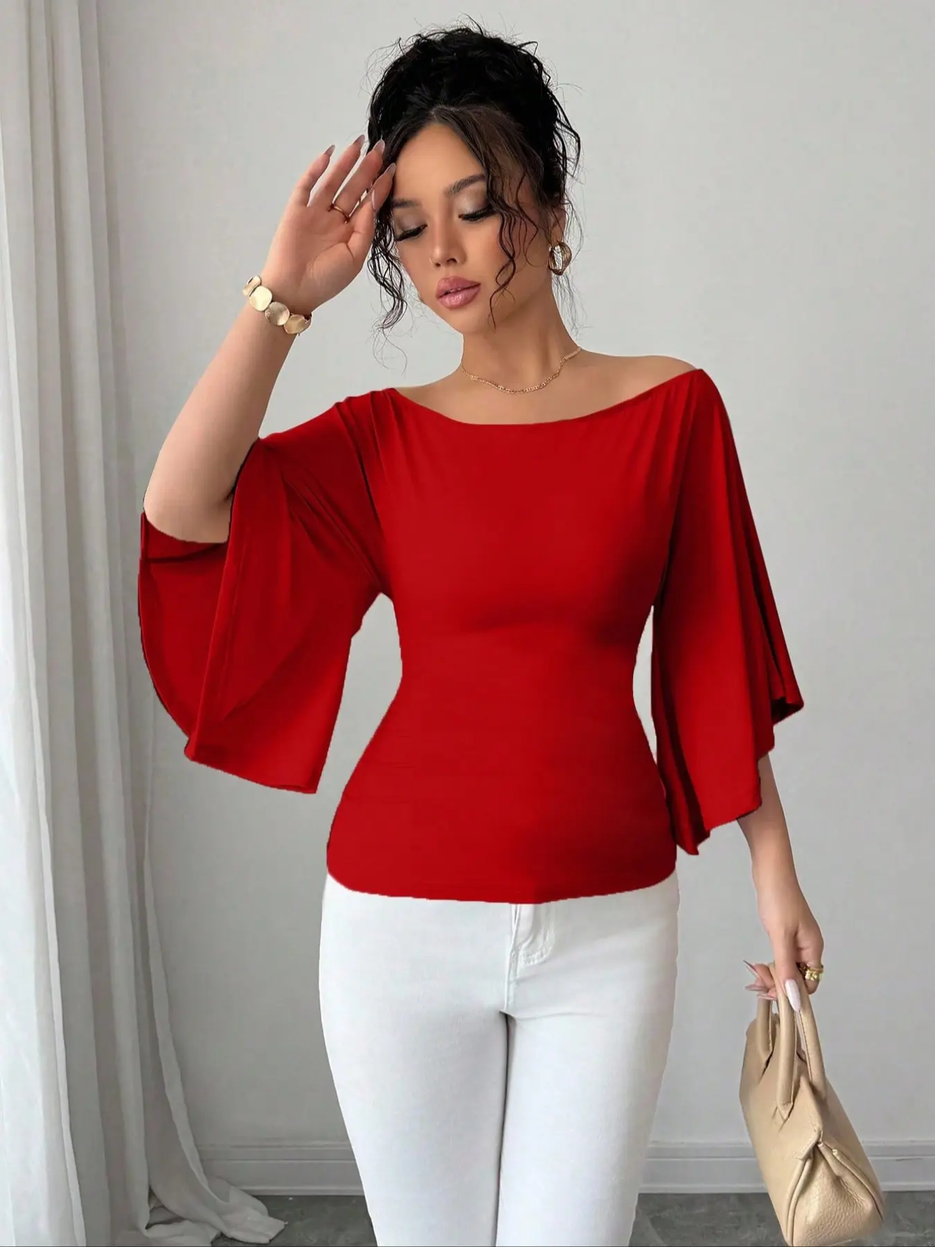 Elegant Off-Shoulder Flare Sleeve Women's Fitted Shirt, Chic Casual Simple Minimalist Commuter Style, Fashion Versatile Blouse for Daily Wear Top Womenswear, Casual Everyday Top