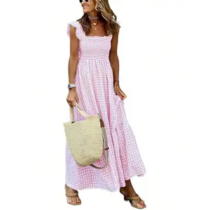 Women's Retro Plaid Smocked Dress Spaghetti Strap Flounce Long Dress with Pockets Cold Shoulder Sleeveless Summer Casual Fashion sequin lace