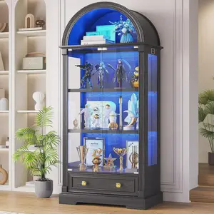 Black Curio Cabinet with Glass Doors, 72" Tall Arched Display Cabinet with Human Sensor Lights, 4-Tier Display Case for Collecti