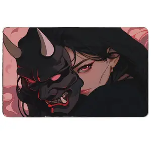 Small-sized Japanese anime female samurai ghost mask mouse pad, mini gaming desk mat, extended compact desk pad with high-definition printing and non-slip rubber base; stylish cool mouse pad ideal for gaming, office use and esports enthusiastsSize 20X24cm