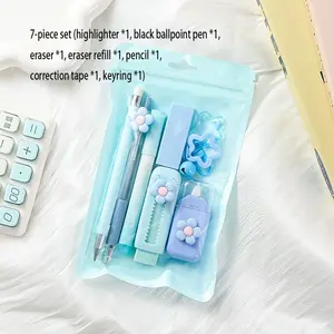 7pcs Multifunctional Stationery Set, Four Colors Available, Includes Push-Pull Eraser, Highlighter, Ballpoint Pen, Ideal for Creative Professionals