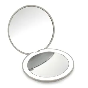 LED Lighted Travel Makeup Mirror Compact 3.5 Inch Illuminated Folding Mirror with 1x/10x Magnification Handheld 2-Sided Mirror White