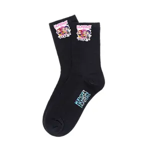 KPOP girl group cartoon printed mid-calf socks, black trendy socks for women, Korean daily wear socks