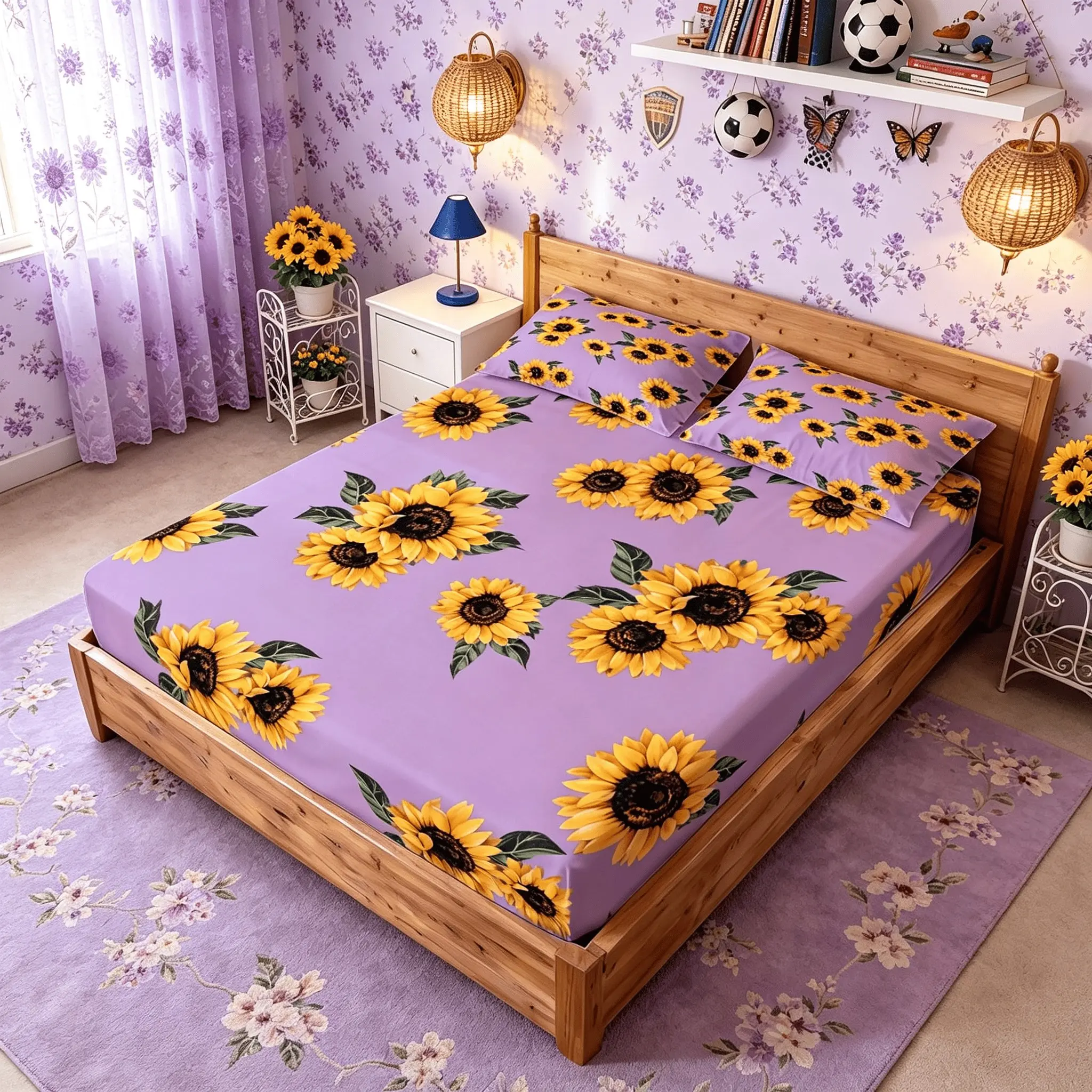 Sunflower 3pcs Fitted Sheet Set (1 Fitted Sheet + 2 Pillowcases, Without Pillow Inserts), Romantic Floral Print, Rustic Style, Breathable Deep Pocket, Soft Skin-friendly Fabric, Suitable for Teens and Adults, Great Birthday Holiday Gift