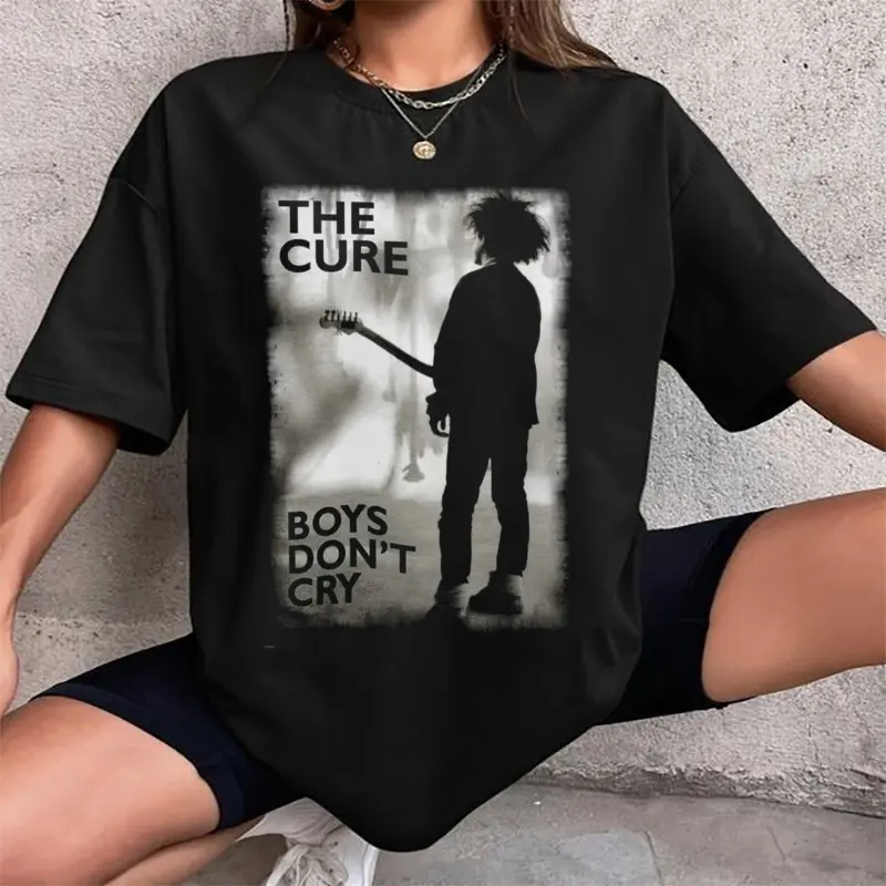 Gildan Women's Fitted Cotton Round Neck Shortsleeve Tee - "The Cure Boys Don't Cry" Black Streetwear Casual Tshirt, Womenswear Top