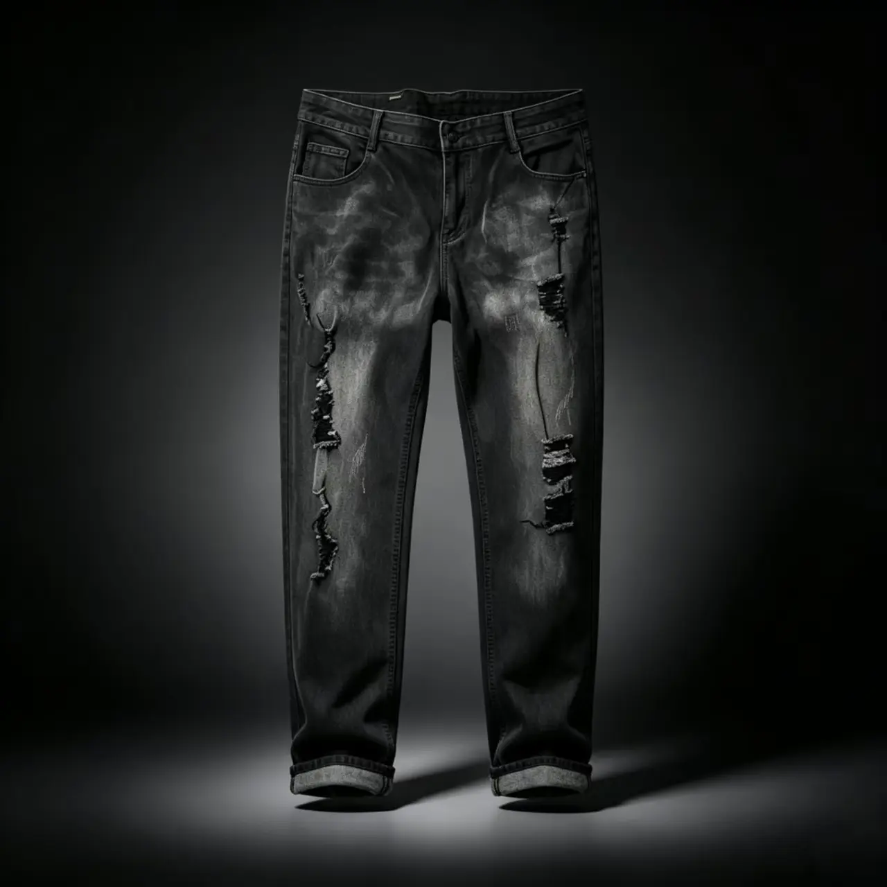 pantalones para hombre jeans negros rasgados con diseño desgastado, denim elástico estilo callejero vintage