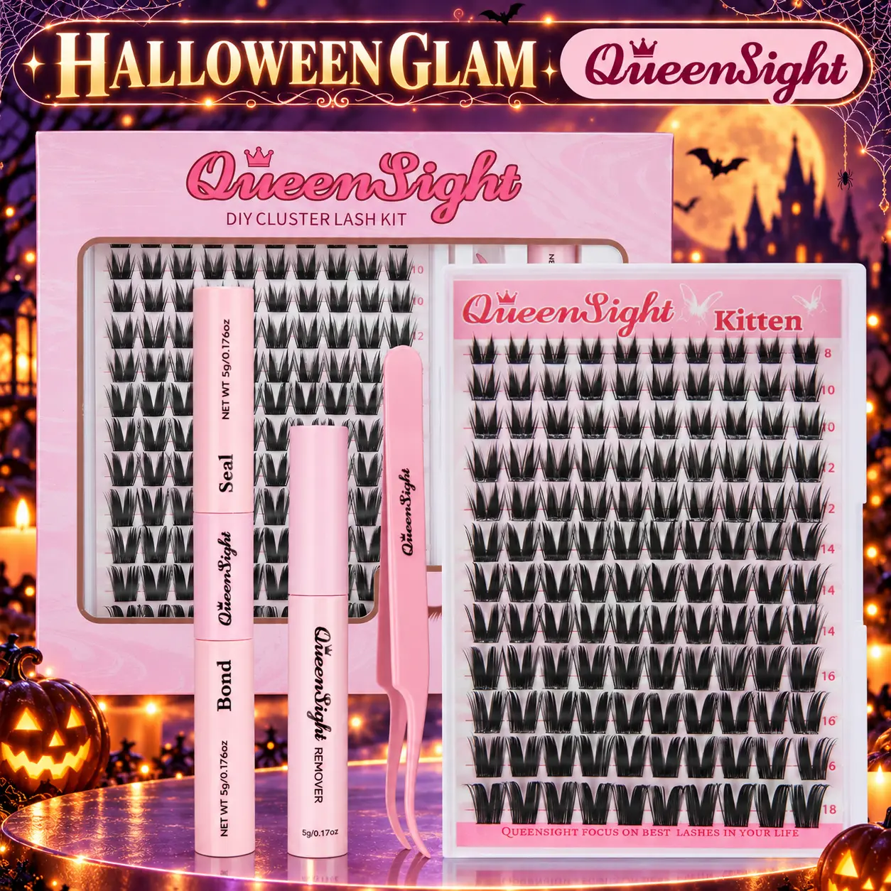 Queensight Kitten Lash Cluster Kit, Fluffy Wispy DIY Eyelash Extensions, 8–18mm D Curl 0.05mm, Lightweight Soft Band, with Lash Adhesive, Seal, Tweezers & Remover