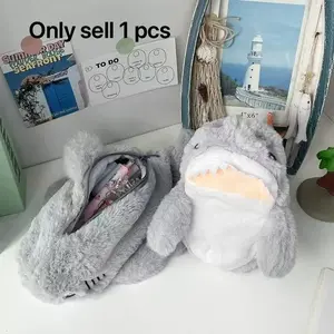 Fashion Shark-Shaped Large Capacity Portable Penci!Case, Soft Plush Polyester Travel School MakeupEarphone Storage Bag, Cute Women's Accessory