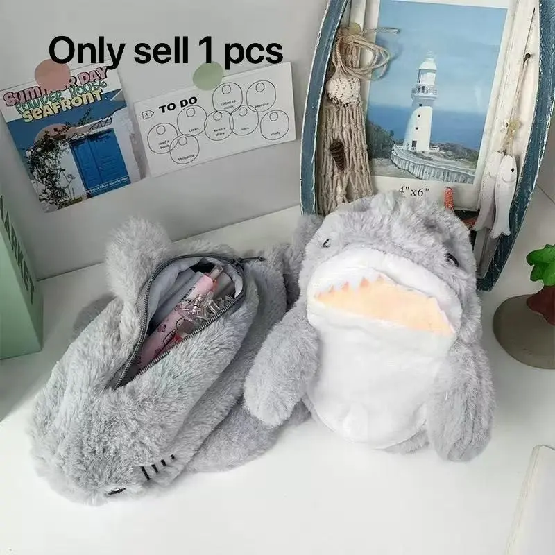 Fashion Shark-Shaped Large Capacity Portable Penci!Case, Soft Plush Polyester Travel School MakeupEarphone Storage Bag, Cute Women's Accessory