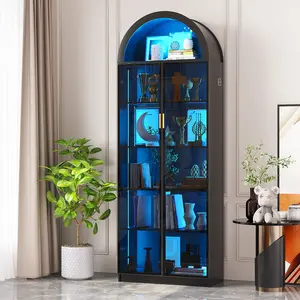 FREDEES Arch Display Cabinet with Doors and Adjustable Shelves, 76" Tall Curio Cabinet with LED Lights/Storage Space, 6 Tier Display Case Bookcase for Collectibles Bedroom Living Room Office