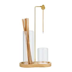 2-in-1 Glass Incense Holder with Wooden Base – Anti-Ash Incense Burner with Metal Clip & Storage