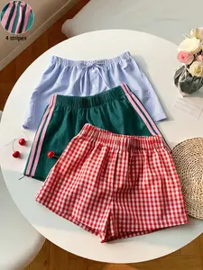Women's Summer Striped Drawstring Adjustable Plaid Shorts, Beach Vacation Casual Wear, Loose-Fitting Short Pants, 3 Piece Set