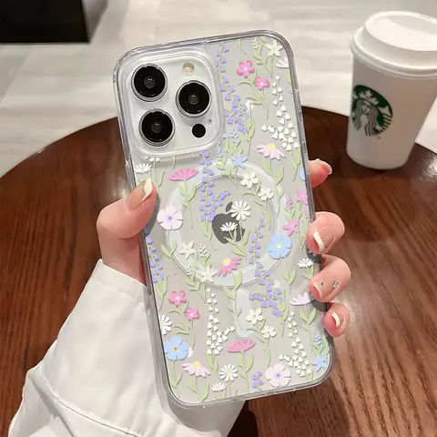Multi-Model Polycarbonate Magnetic MagSafe-Compatible Shockproof Protective Smartphone Case - Colorful Wild Floral Print Wireless Accessory for iPhone X,11,12,13,14,15,16,17 Pro Max Plus Air 17e