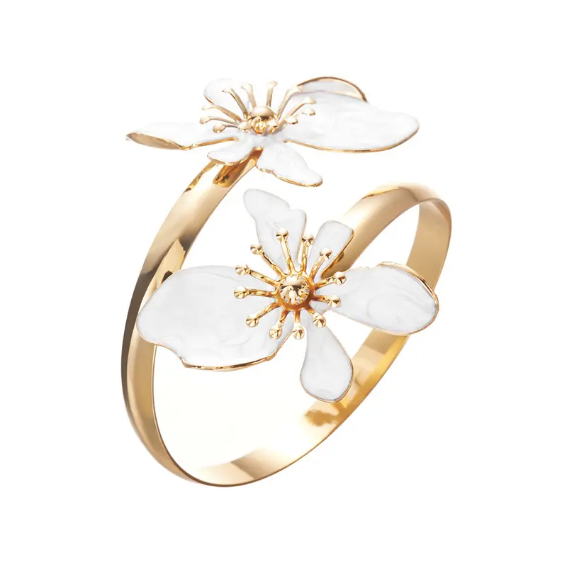 Oversized 3D Blue Marble Swirl Enamel Double Flower Open Cuff Bracelet, Gold Plated Elegant Floral Statement Bangle, Trendy Beach Vacation & Evening Party Costume Jewelry for Women