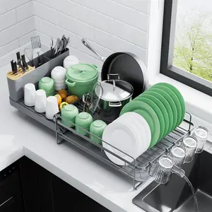 Multifunctional Extendable Large Dish Drying Rack with Cutlery & Cup Holders, Counter Dish Rack with Drainage, Grey, 18.2"-25.7" L x 12.9" W