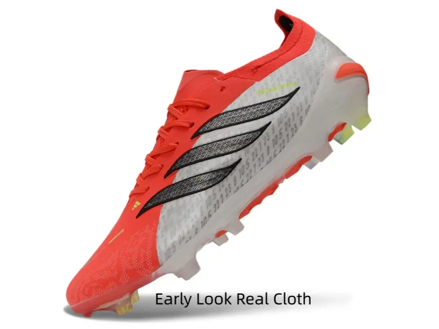 Eye-catching red-white gradient soccer cleats with black stripe details, fast-speed match style