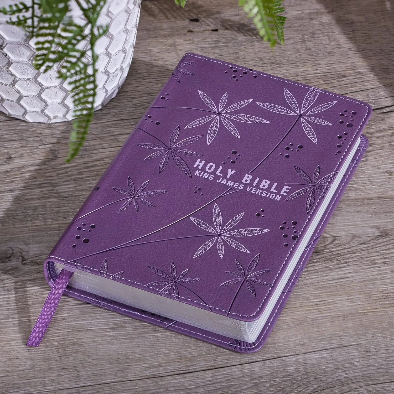 Religious King James Version (KJV) Holy Bible - Compact Faux Leather Red Letter Edition, Cardboard Sleeve, Thematic Scripture, Portable, Elegant Heat-Debossed Lilac Leaf Design, Ribbon Marker, 170x119x28mm Purple, 1008 Pages