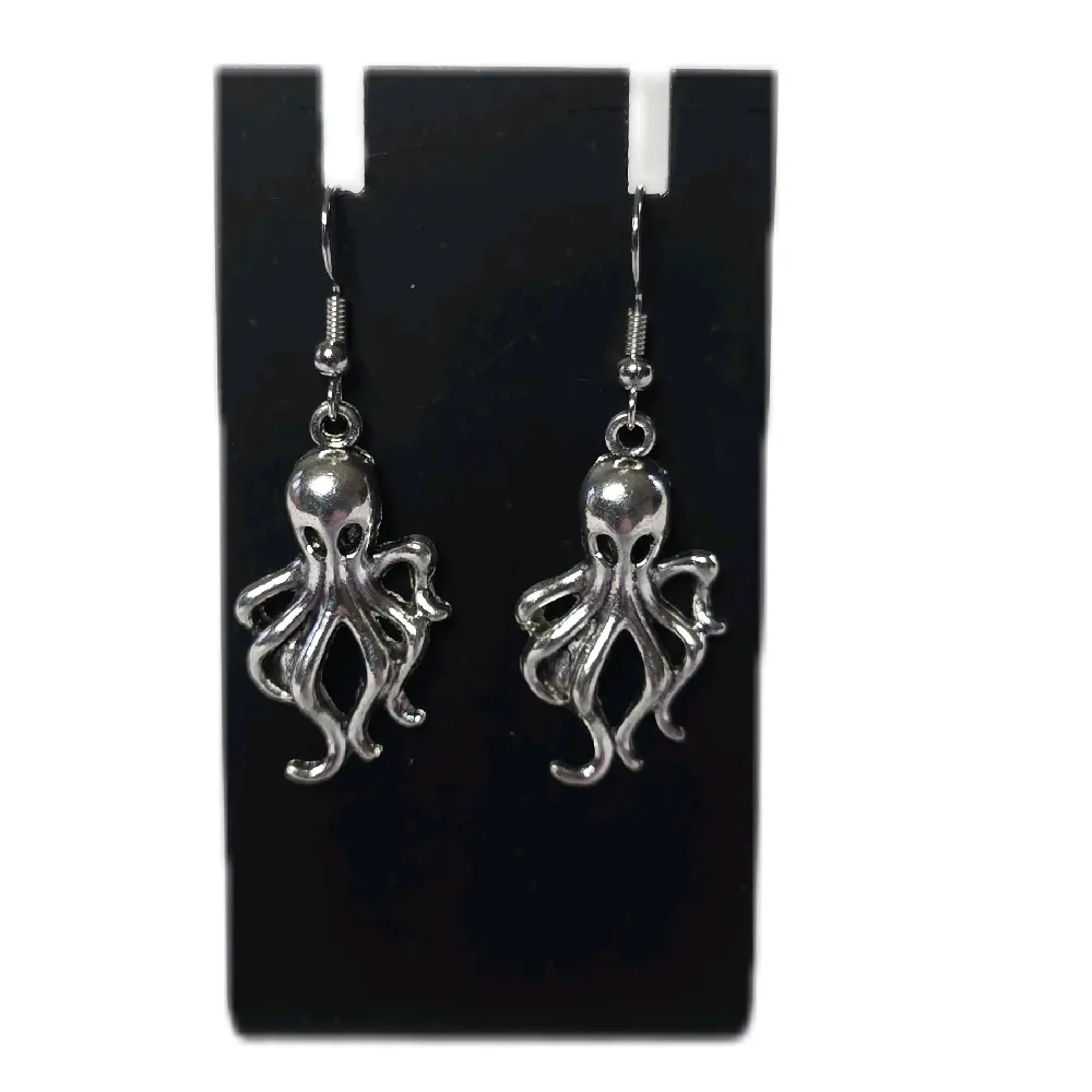 Silver Squid Octopus Earrings - Hook Earrings, Stainless Steel Ear Wires, Silver Finish
