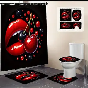 4pcs Cherry Lips Pattern Shower Curtain Set, Shower Curtain With 12 Hooks, Non-Slip Bath Mat, U-Shaped Toilet Mat, Toilet Mat, Bathroom Accessories, Home Decor