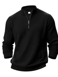 Men's Quarter-Zip Waffle Knit Pullover, Soft Warm Half-Zip Sweatshirt, Casual Stand Collar Side Pocket Long Sleeve Top