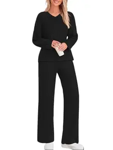 Casual Sets Women 2 Pieces Loungewear Loose V Neck Long Sleeve Top Knitted Straight Pants Comfort Lady Womenswear Pjs Homewear Pajama Nightwear Pajama Longsleeves Soft Chic Fit Basic Comfortable Set mumu pajamas cozy Strip Pajama Set Style Minimalist