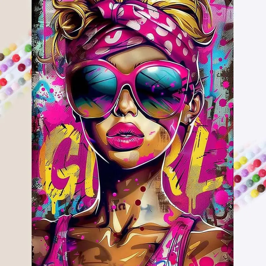 1pcs 5D DIY diamond painting kit, 5D diamond art set, DIY decoration, colorful graffiti, yellow text, pink scarf diamond painting kit full round diamond DIY, mosaic, diamond art, Diamond Art Tools, DIY art home decor, suitable for Halloween and Christmas.
