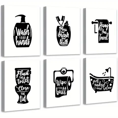 Frameless Bathroom Decor Wall Art, 6 Counts/set Funny Print Design Bathroom Sign, Small Toilet Sign Wall Decor, Decorative Wall Art, Wall Art for Home Bathroom Decor, Home Decor Accessory, Modern Home Decoration, Vintage Wall Art