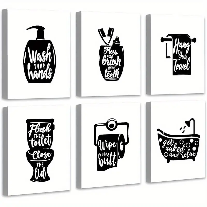 Frameless Bathroom Decor Wall Art, 6 Counts/set Funny Print Design Bathroom Sign, Small Toilet Sign Wall Decor, Decorative Wall Art, Wall Art for Home Bathroom Decor, Home Decor Accessory, Modern Home Decoration, Vintage Wall Art
