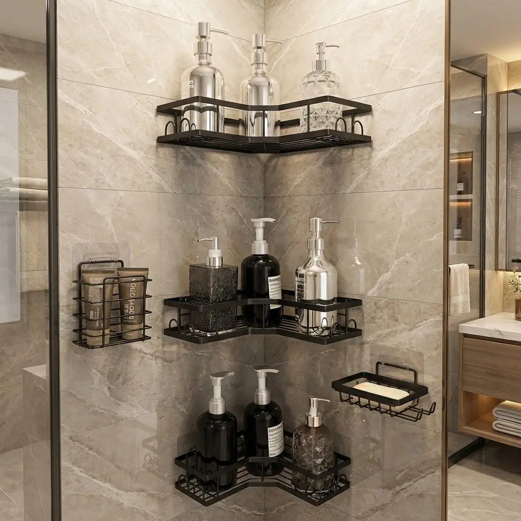 No-Drill Black Rustproof Metal Wall-Mounted Bathroom Corner Storage Rack, Multi-Layer Strong Load-Bearing Waterproof Shelf, Shower Gel & Shampoo Holder, Bathroom Organizing Accessories, Home Supplies Gadget, Bathroom Shower Organizers, Shower Organizer
