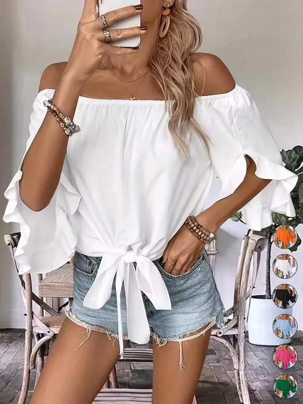 Women's Casual Off-Shoulder Ruffle Bell Sleeve Shirt Blouses, Elegant Tie Hem Loose Top, Stylish and Comfortable Daily Wear